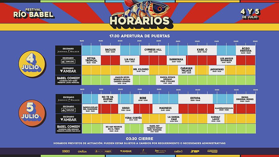 Programación Festival Río Babel 2025 (4 y 5 de julio): horarios y artistas en escenarios Johnnie Walker, Smusic y Ámbar, además de Babel Comedy. Horarios sujetos a cambios.