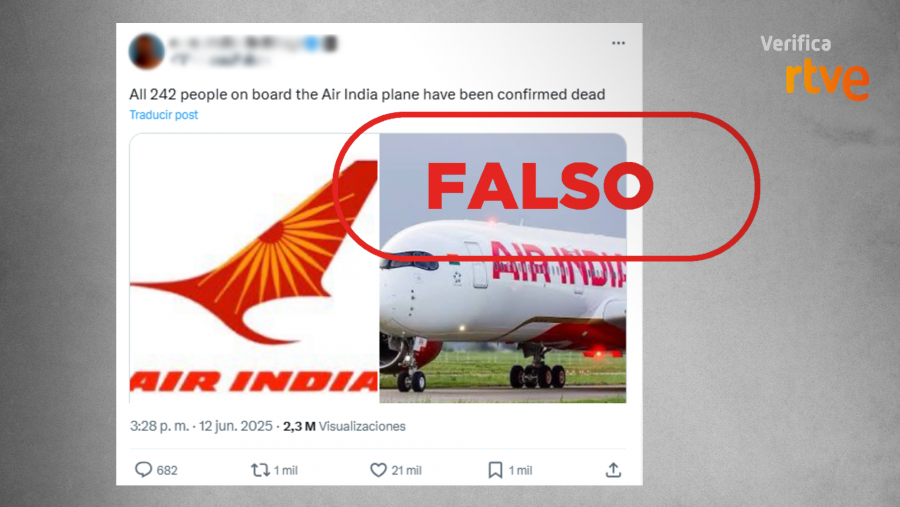 Mensaje que difunde la falsa idea de que no ha habido ningún superviviente en el accidente de la aerolínea Air India