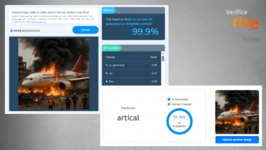 Resultados de las herramientas Hive y Decopy que revelan que la imagen del avión está generada con IA