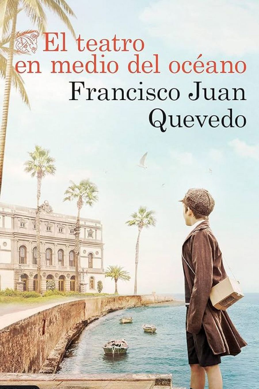 Niño con abrigo marrón y gorra observa un teatro costero.  Imagen de la portada del libro 