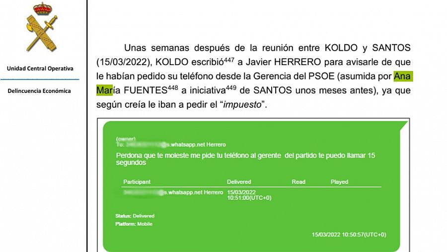 Captura de pantalla del informe de la UCO en la que se hace mención a Ana María Fuentes