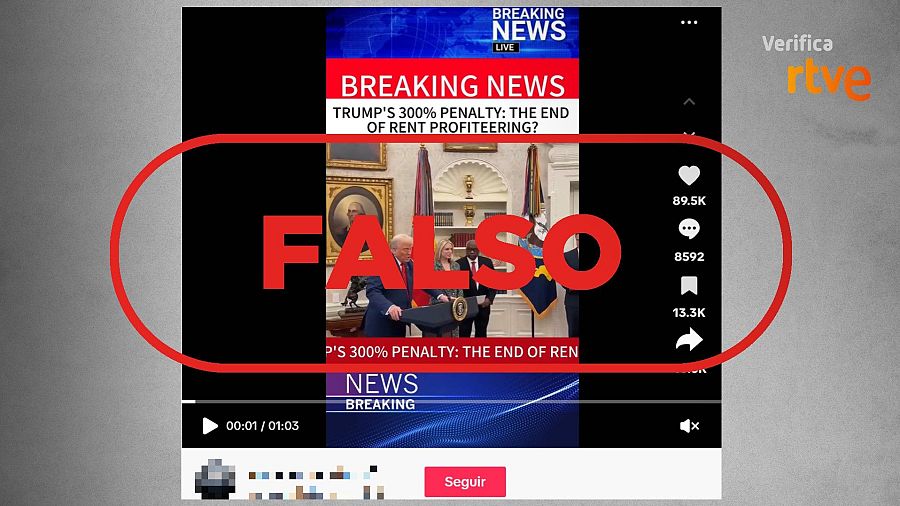 Mensaje que comparte el vídeo que presentan como si fuera un informativo para difundir falsedades sobre los alquileres de Trump