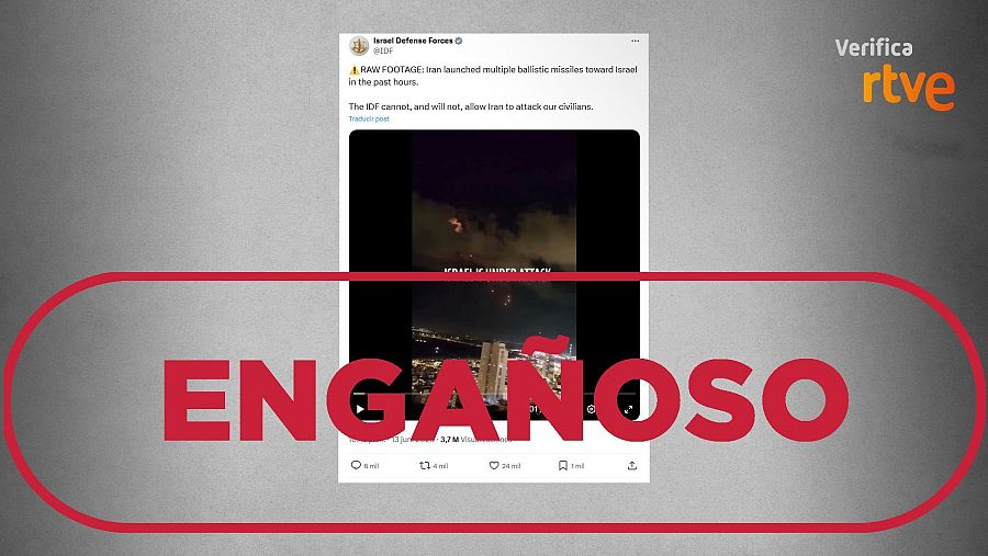 Publicación que comparte un vídeo de ataques recientes iraníes con un fragmento que no es actual