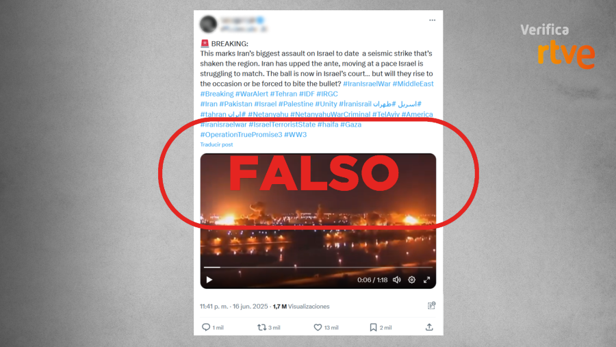 Publicación de X que comparte un vídeo de 2003 en Bagdad y lo presenta como si fuera un ataque actual de Irán contra Israel