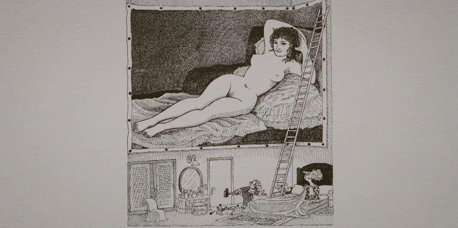 Viñeta humorística con un cuadro de mujer desnuda, un hombre con martillo y otra mujer observando desde la cama. Posible sátira sobre la reacción al arte.