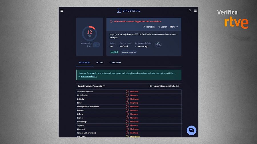 Resultado que ofrece la herramienta Virus Total sobre la web fraudulenta