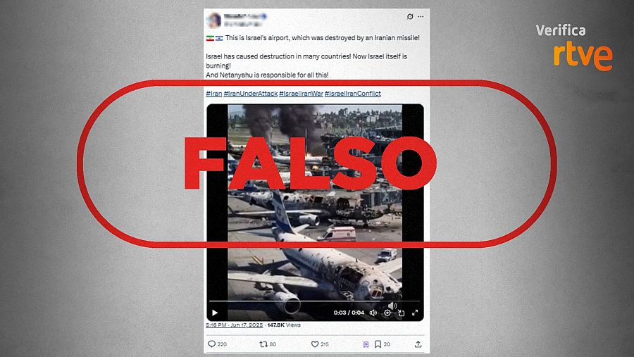 Mensaje que difunde un vídeo creado con IA del aeropuerto de Israel como si fuera real