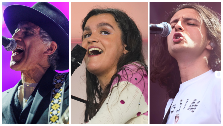 Tres cantantes, cada uno con atuendo y estilo diferentes, aparecen cantando con un micrófono en una imagen dividida en tres secciones.