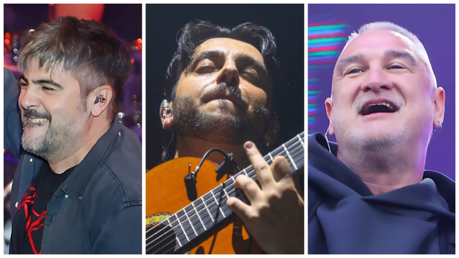 Imágenes de David Muñoz (Estopa), Yerai Cortés y Kase.O, artistas del Festival Río Babel de julio.  Muñoz sonríe con camisa oscura, Cortés toca una guitarra y Kase.O viste sudadera con capucha.