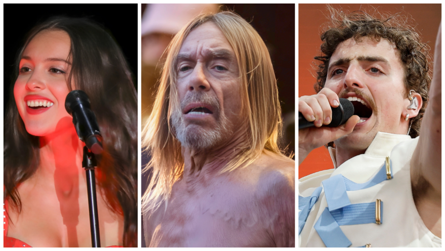 Tres artistas musicales, con diferentes estilos y expresiones, aparecen en la imagen.  Se aprecian detalles de vestuario y escenarios.