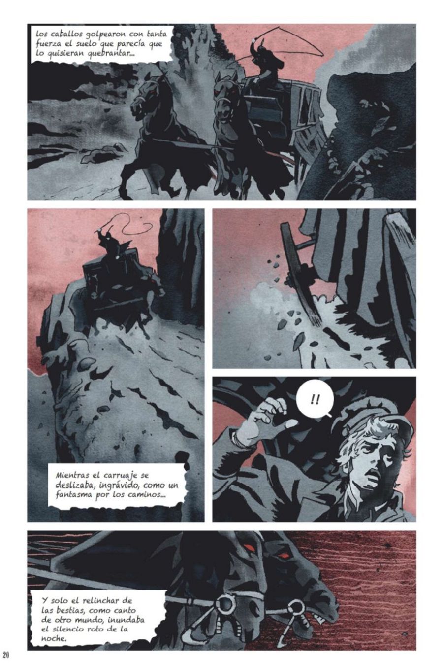 Viñetas de un cómic mostrando un carruaje veloz, un cochero, una rueda levantando polvo y un joven sorprendido. Textos describen el movimiento rápido y misterioso del carruaje en una noche oscura.