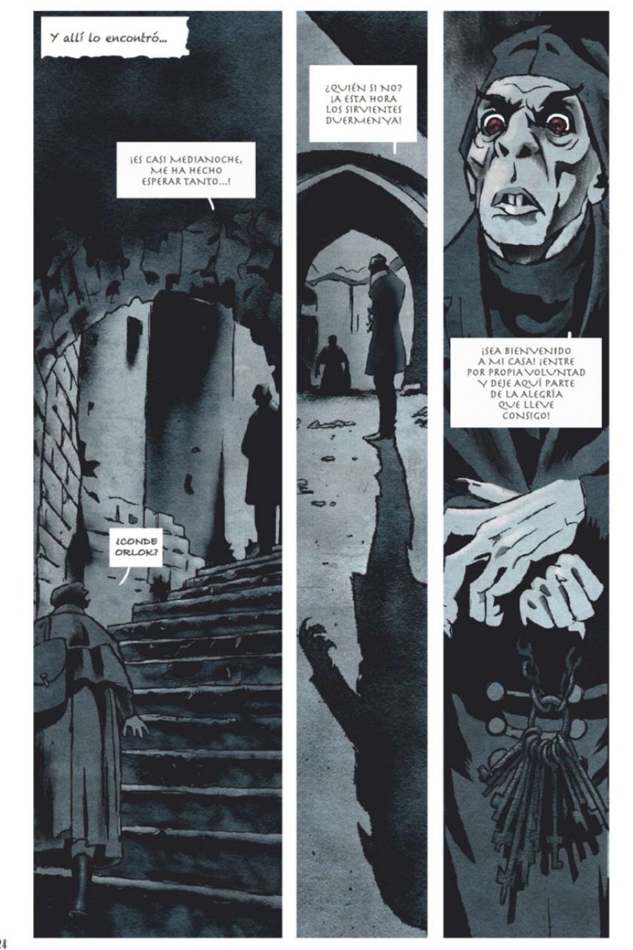 Viñetas en blanco y negro mostrando la llegada de un personaje a la casa del Conde Orlok, quien le recibe con una frase inquietante. Diálogos que generan suspense.