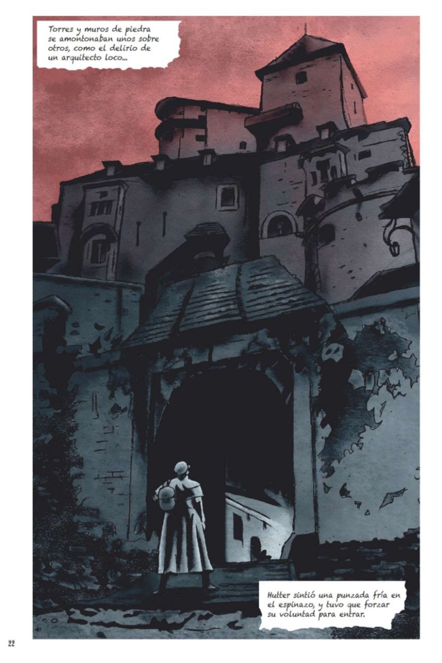 Ilustración de un castillo gótico en un cielo rojizo; Hutter, con mochila, se aproxima a la entrada, sintiendo una punzada fría.