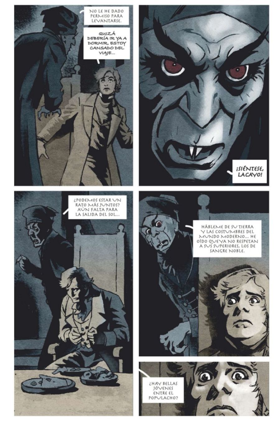 Cinco viñetas de un cómic muestran un diálogo entre un vampiro y un hombre, con expresiones de desaprobación, órdenes y preguntas sobre las costumbres modernas y la nobleza.