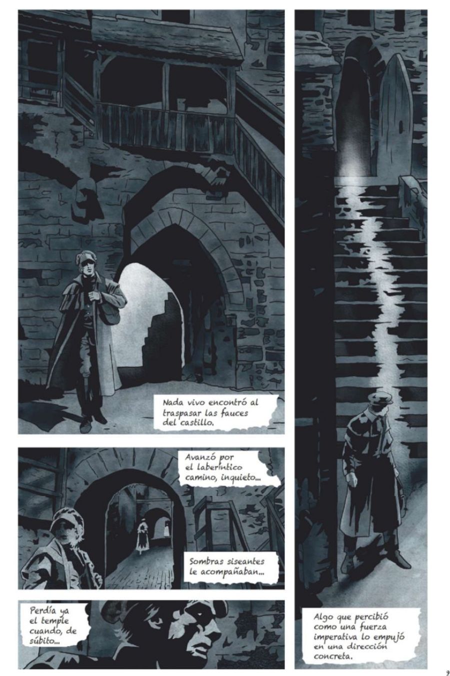 Exploración de un castillo en viñetas de cómic: hombre con abrigo y sombrero avanza por pasillos laberínticos, encontrando un ambiente oscuro y misterioso con sombras y suspense.