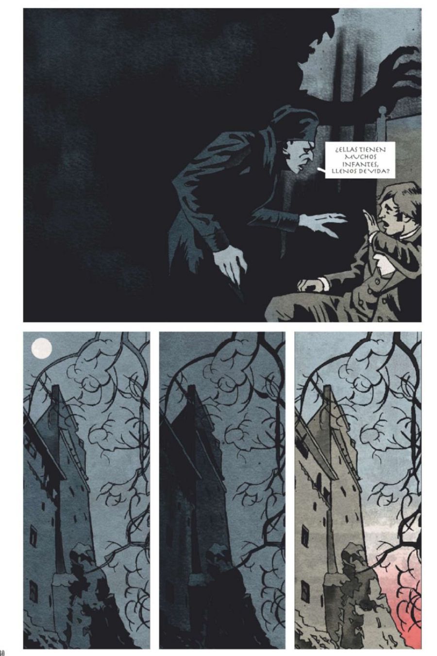 Viñetas de cómic: diálogo amenazante en escena oscura, seguidas de tres perspectivas de un castillo bajo diferentes cielos nocturnos.