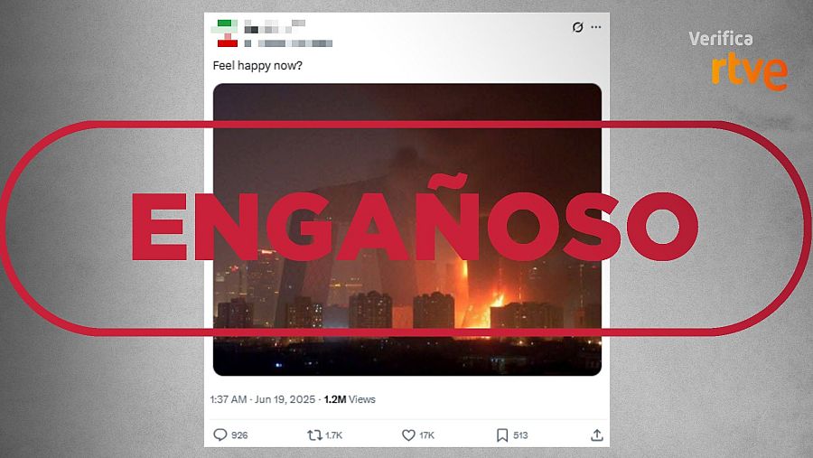 Mensaje engañoso que comparte una imagen de un incendio en China en el contexto del conflicto entre Irán e Israel