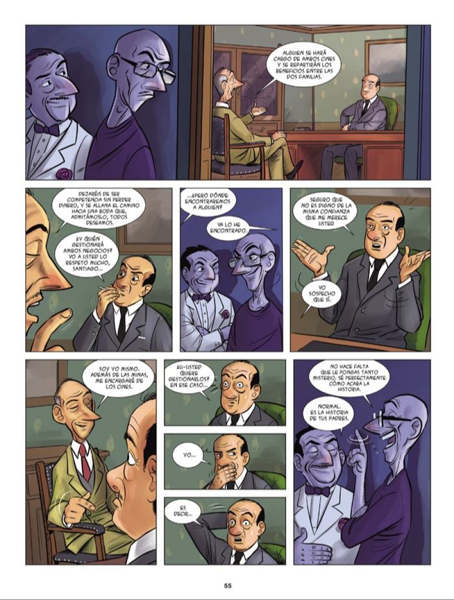 Conversación en un cómic sobre la gestión de cines y minas, con dudas sobre la persona elegida y la implicación en una boda.
