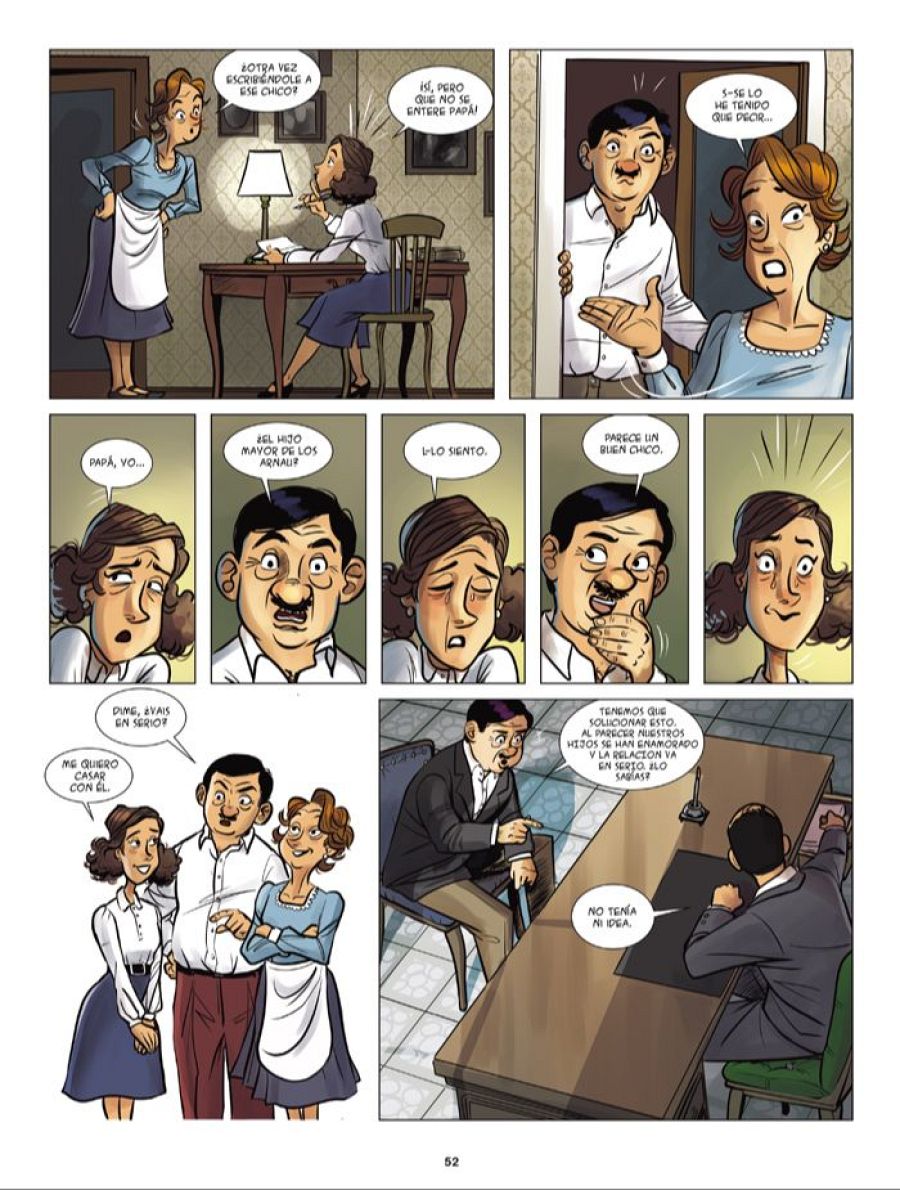 Viñetas de un cómic que narran una historia familiar sobre una relación secreta entre jóvenes y la reacción de sus padres, mostrando diálogos y expresiones faciales.