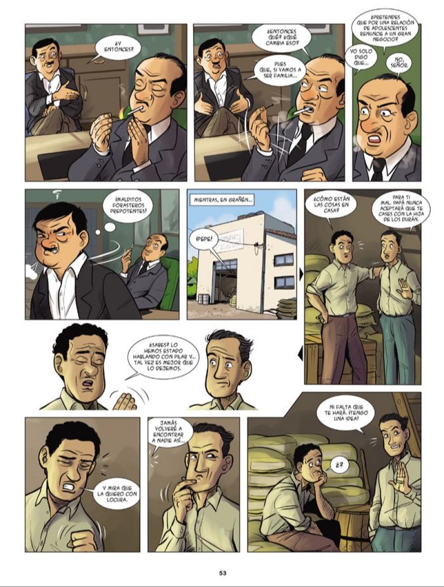 Diez viñetas de un cómic muestran un conflicto familiar sobre un negocio y una relación amorosa, con diálogos entre dos hombres en una oficina y un almacén.