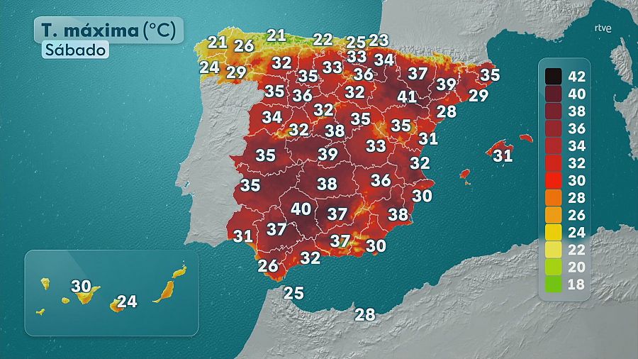 Mapa con el pronóstico en las temperaturas máximas en la Península e islas Canarias y Baleares.