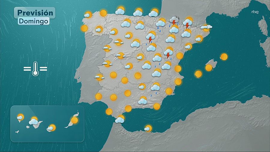 Mapa con el pronóstico en la Península e islas Canarias y Baleares este domingo