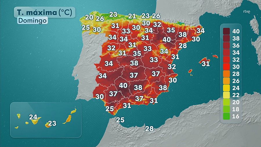Mapa con el pronóstico en la Península e islas Canarias y Baleares este domingo