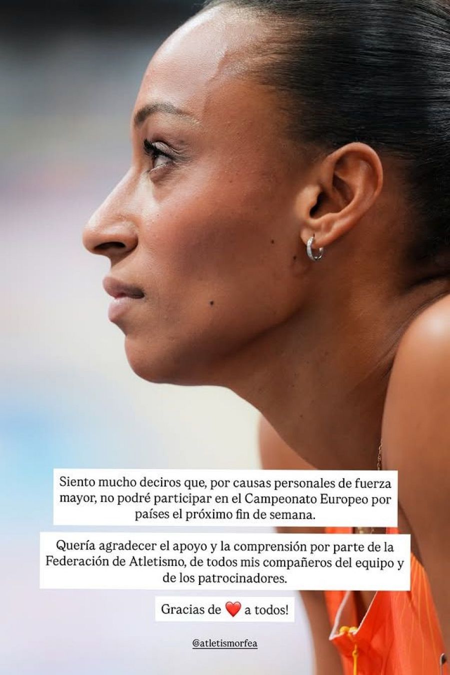 Comunicado de Ana Peleteiro anunciando su baja en el Campeonato Europeo por causas personales, agradeciendo el apoyo recibido.