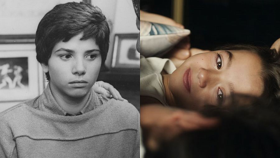 Comparación horizontal de dos fotogramas: un niño con jersey claro y una niña con camisa blanca.  Expresiones serias y tranquilas, respectivamente.