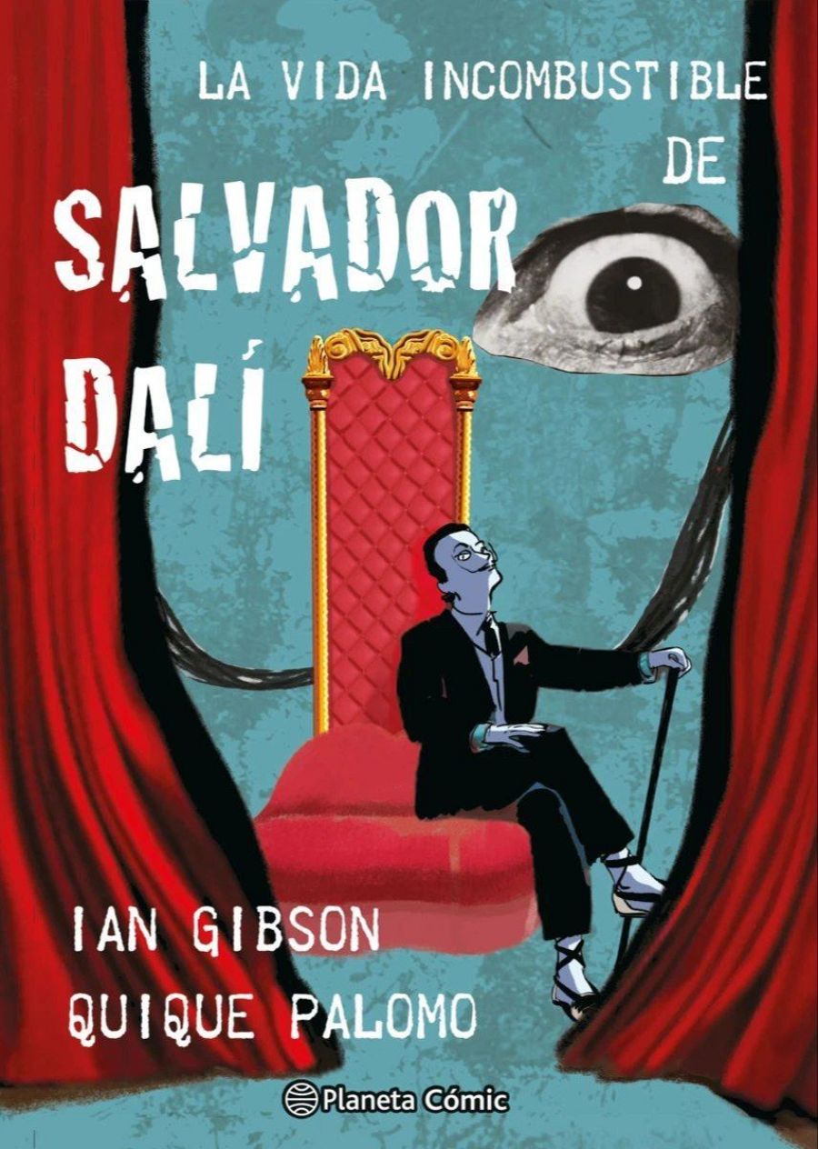 Ilustración surrealista de Salvador Dalí sentado en un trono rojo con forma de labios, vistiendo traje negro y sandalias. Fondo azul verdoso con un ojo prominente.
