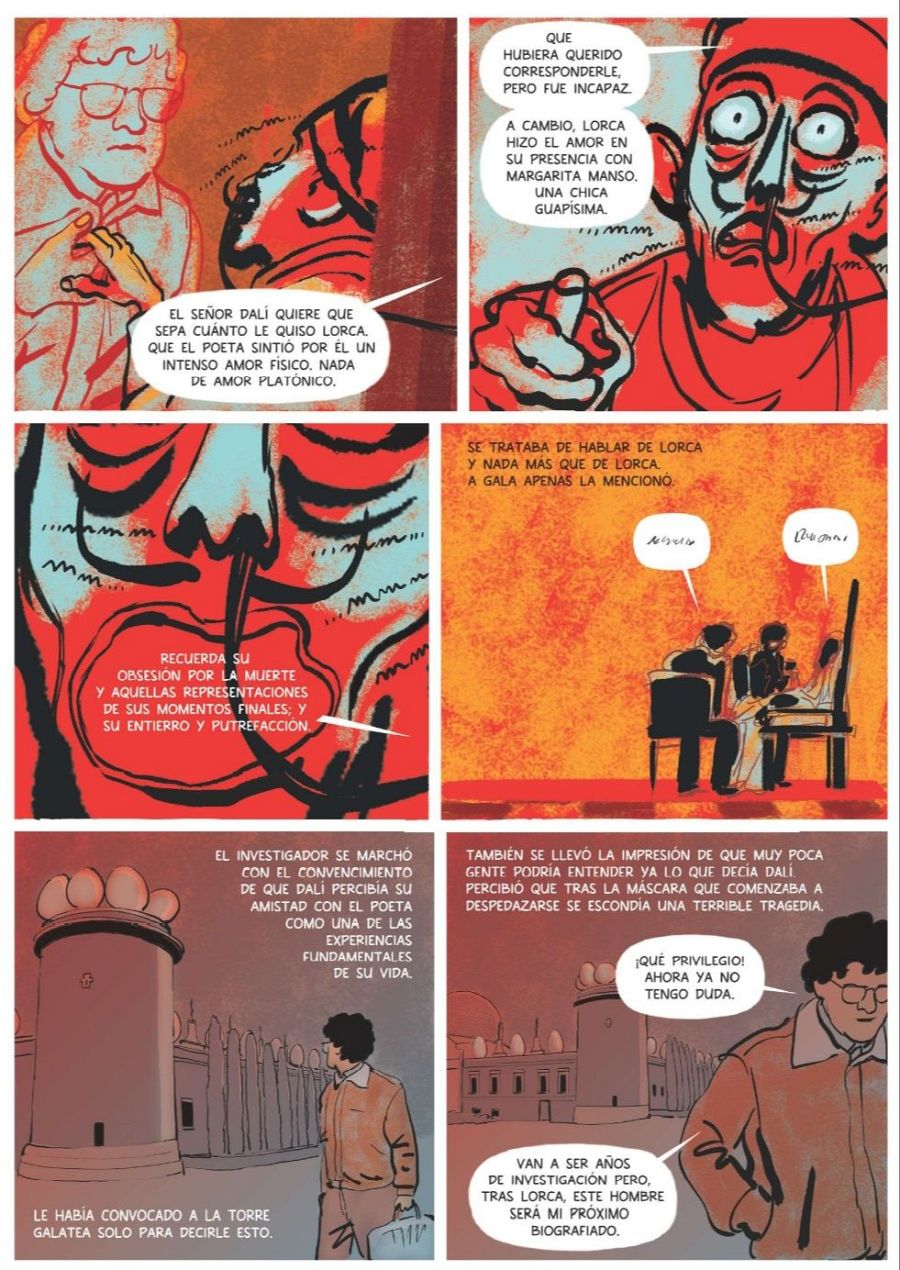 Viñetas de cómic que muestran diálogos sobre la relación entre Dalí y Lorca, incluyendo detalles de su amor y la reacción de Dalí ante la muerte de Lorca. Se ven escenas con otros personajes y un investigador que estudia la vida de Dalí.