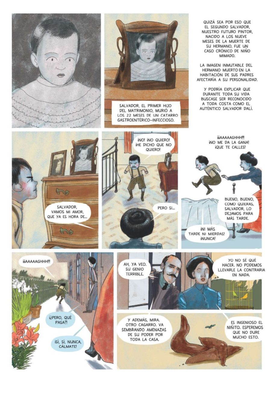 Cómic sobre la infancia de Dalí: viñetas que muestran la muerte de su hermano y la posterior rabieta del niño, interpretada como muestra de su genio.