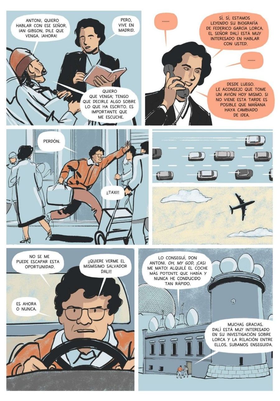 Cómic de seis viñetas que narra el viaje apresurado de un hombre para encontrarse con Dalí, interesado en la investigación de otro sobre Lorca.