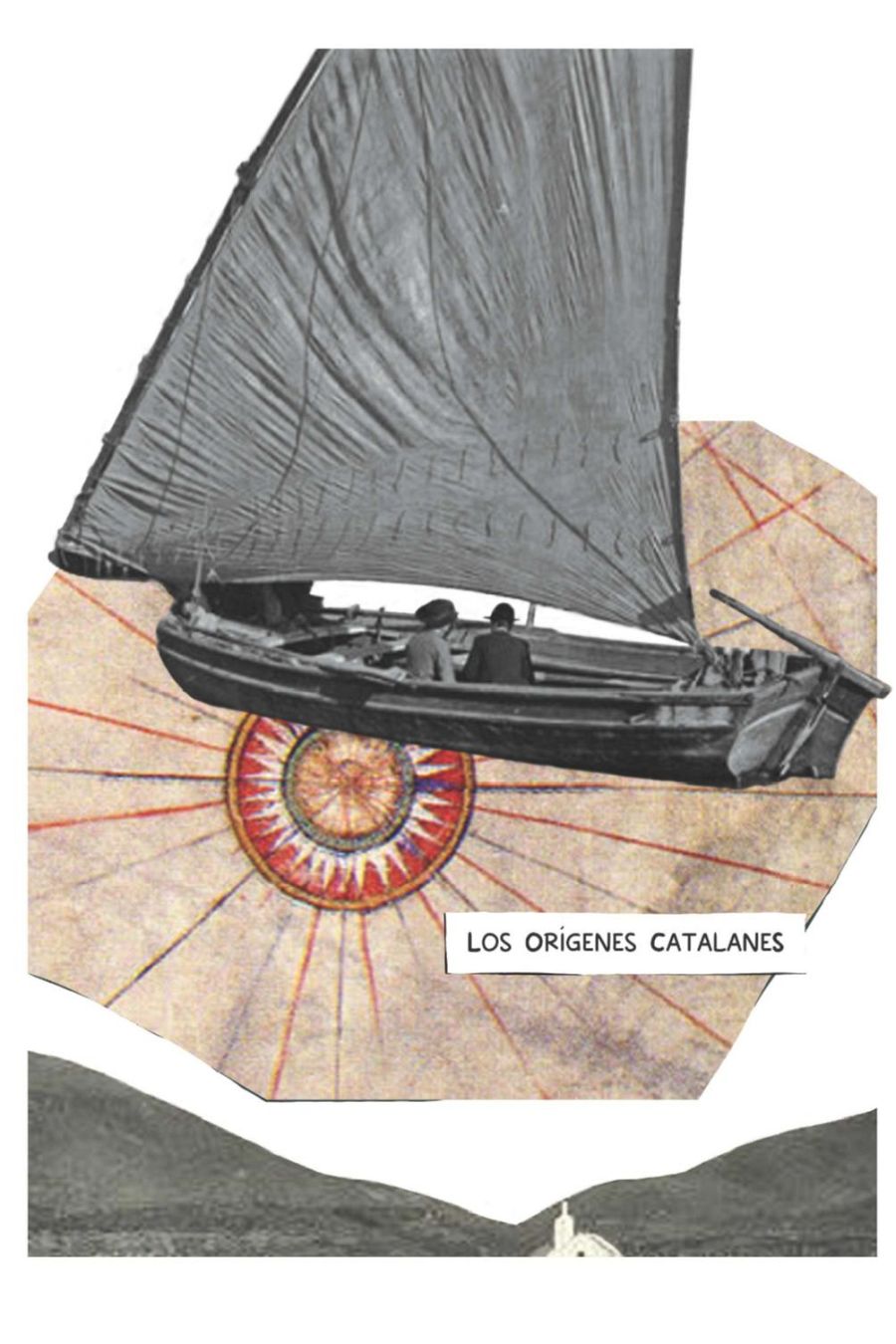 Ilustración de cómic: barco sobre mapa circular, costa con edificación blanca, texto 'LOS ORÍGENES CATALANES'.