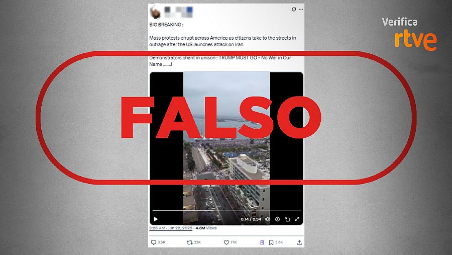 Mensaje que difunde la falsa idea de que el vídeo muestra una protesta contra el ataque de Estados Unidos a Irán