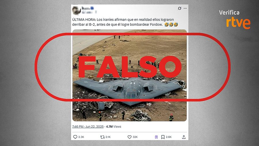 Mensaje que difunde una imagen de un B-2 destruido creada con IA como si fuera real