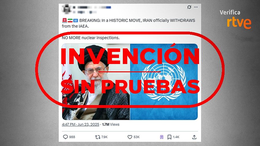Desmentido de noticia falsa sobre la retirada de Irán del OIEA.  Imagen con marca de verificación de falsedad y métricas de interacción engañosas.