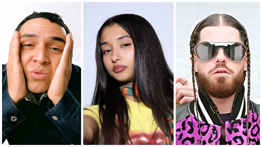 Retratos de tres artistas: un hombre con camisa vaquera, una mujer con camiseta amarilla y pañuelo, y un hombre con chaqueta de leopardo.