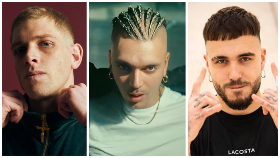 Tres retratos de cantantes con diferentes estilos: uno con chaqueta verde, otro con trenzas y pendientes, y el último con camiseta negra y tatuajes.