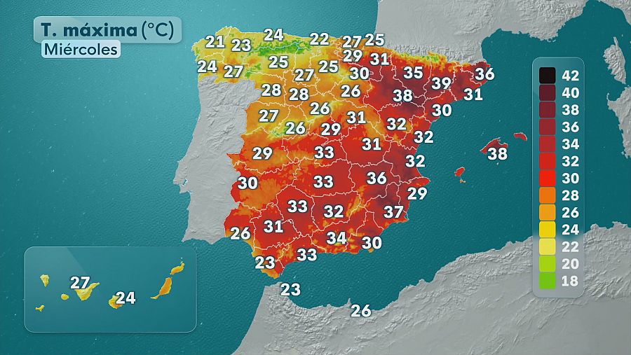 Mapa de las temperaturas máximas este miércoles 25 de junio