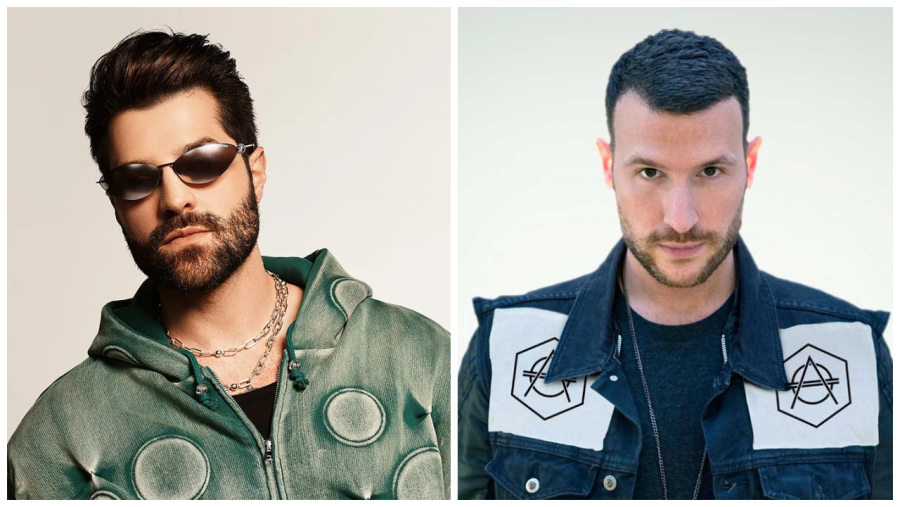 Retratos de Alok con gafas de sol y sudadera verde, y Don Diablo con chaqueta vaquera y parches con una 'A'.