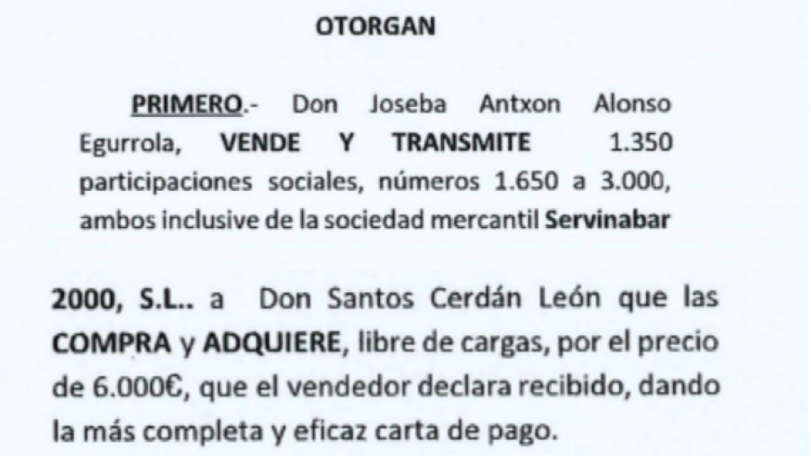 Operación que supuestamente acredita la compra de 1.350 participaciones de Servinabar