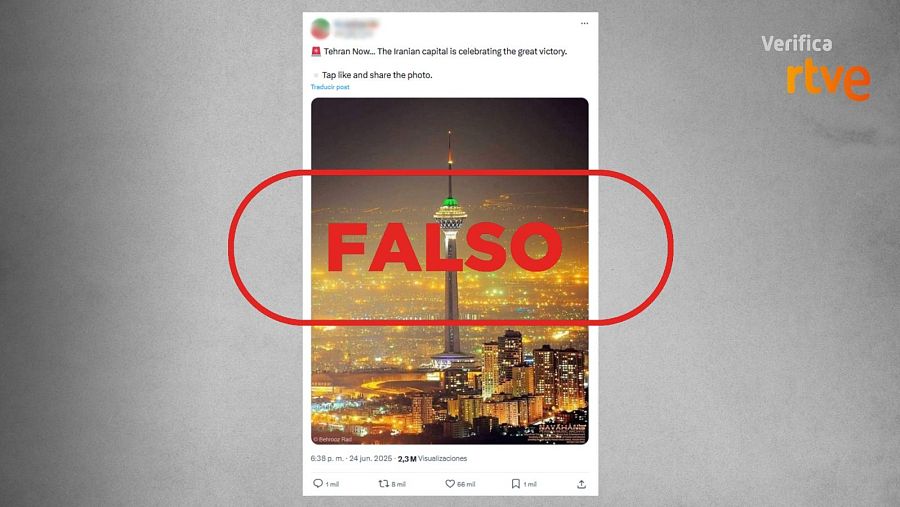 Post de X que comparte una foto antigua y la presenta como si fuera una instantánea actual tomada en Teherán