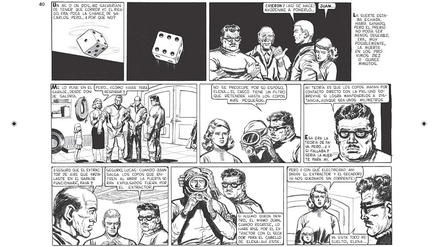 Seis viñetas de un cómic muestran diálogos y acciones de personajes ante una situación peligrosa, usando máscaras de gas y un extractor de aire para la supervivencia.  La incertidumbre y la planificación son temas centrales.