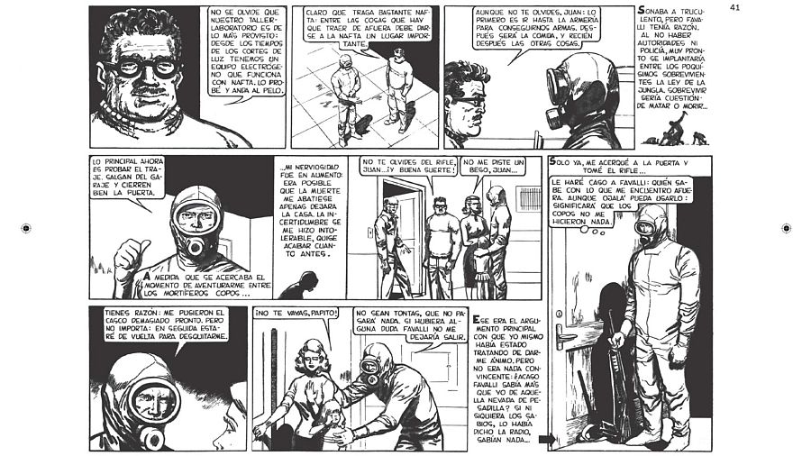 Página 41 de un cómic: seis viñetas muestran a un hombre en traje antigás preparándose para salir, expresando miedo e incertidumbre, mientras se despide de otros. Se mencionan nombres como 'Juan' y 'Favalli'.