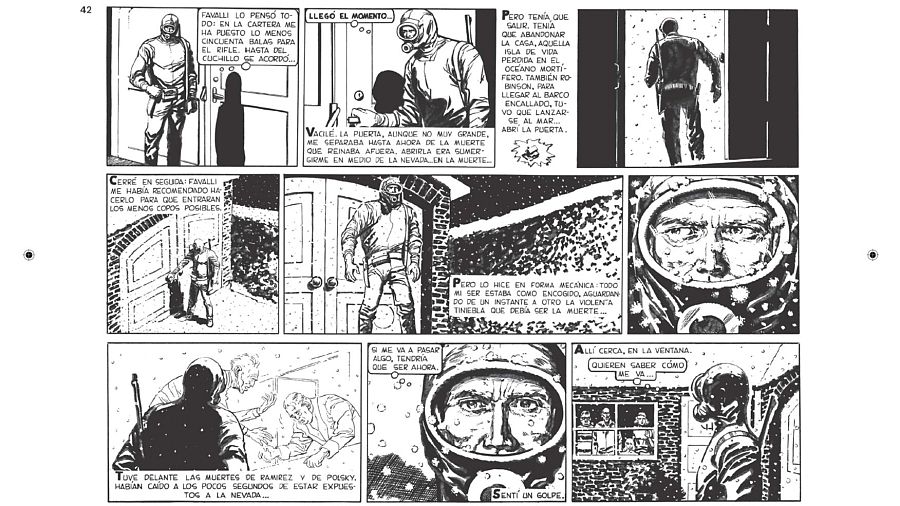 Seis viñetas muestran la huida de un hombre con traje de buzo de una casa a una tormenta de nieve, con textos que describen su miedo y la sensación de peligro inminente.