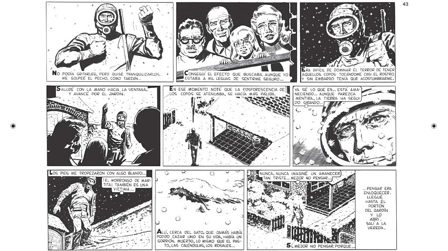 El Eternauta, con equipo de buceo y máscara antigás, halla a su gato y un pájaro muertos en un jardín nevado fosforescente.  La tristeza y el terror lo invaden; decide no pensar.