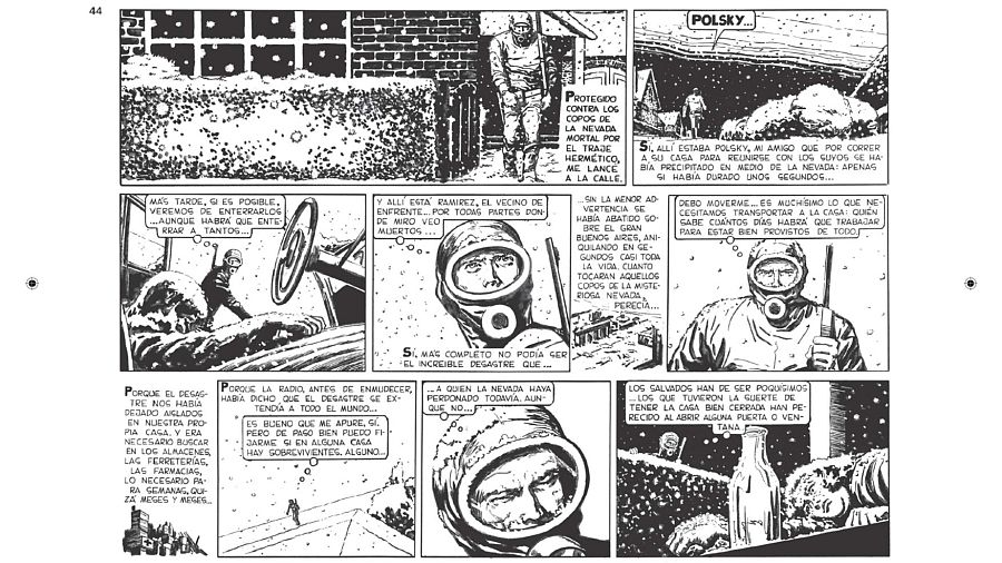 Viñetas de un cómic mostrando una ciudad nevada, un protagonista con traje protector encuentra cadáveres y reflexiona sobre la mortalidad de la nevada, incluso en refugios.