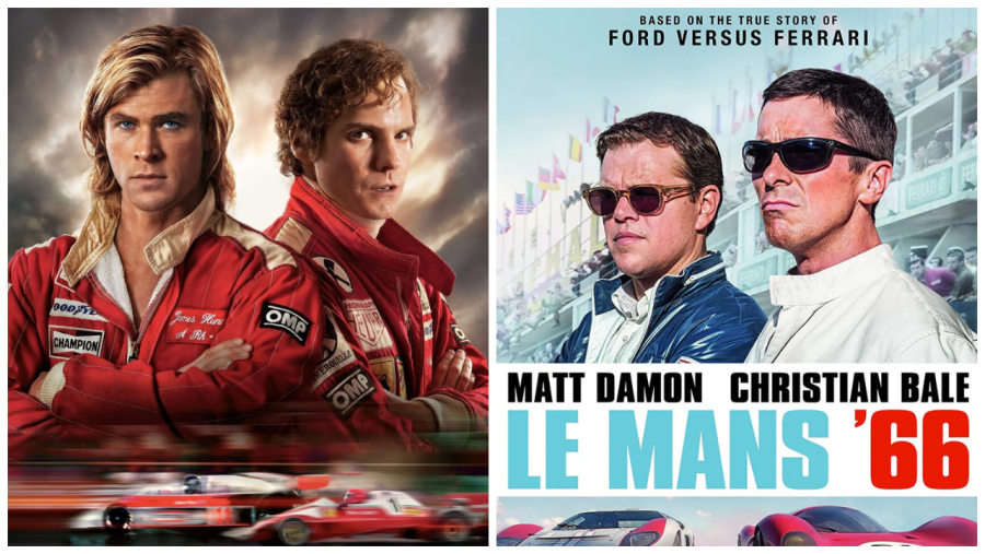 Pósters de dos películas de carreras: uno con dos pilotos en monos rojos y un coche veloz; otro con dos actores con gafas de sol, coches y público al fondo, basado en una historia real.