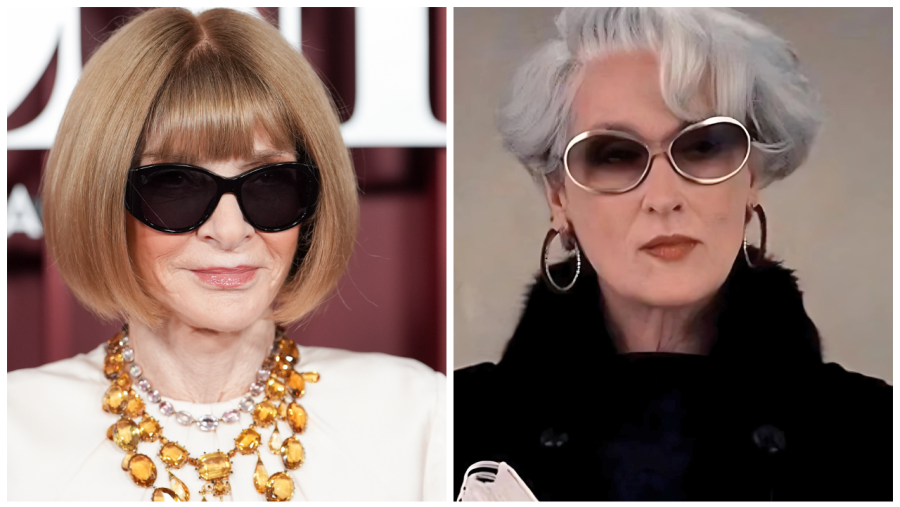 Imágenes comparativas de Anna Wintour y Meryl Streep (como Miranda Priestly).  Se aprecian semejanzas en su vestimenta, accesorios y expresión seria.